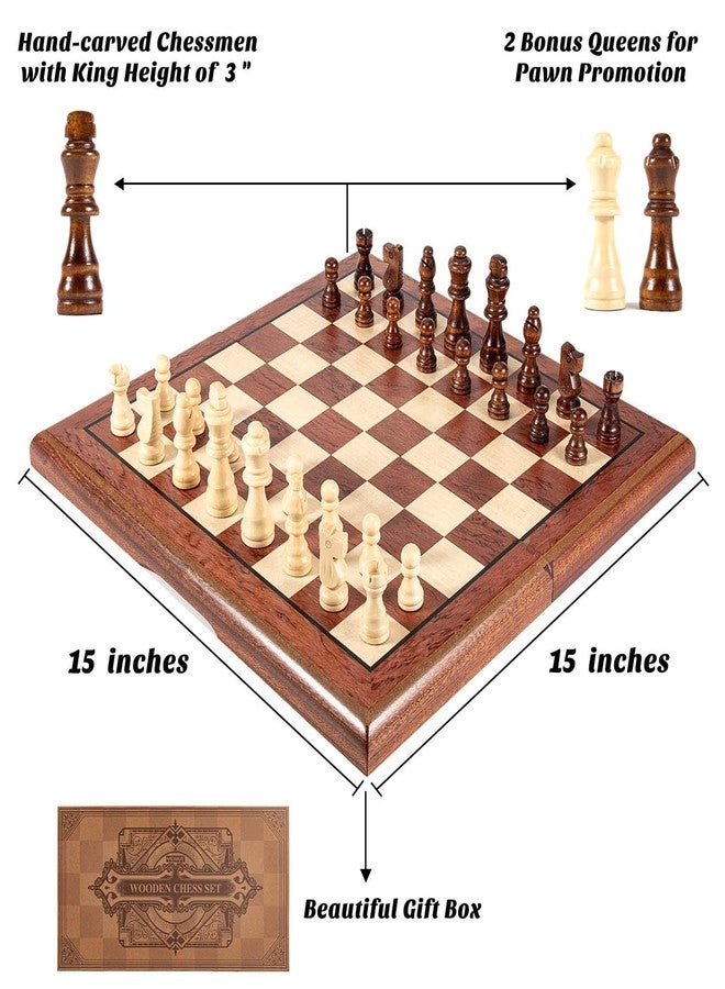 AMEROUS 15'' Magnetic Wooden Chess Set -Folding Board -2 Extra Queens -Chessmen Storage Slots -Gift Package, Travel Chess Board Game Sets for Kids and Adults - Image 5